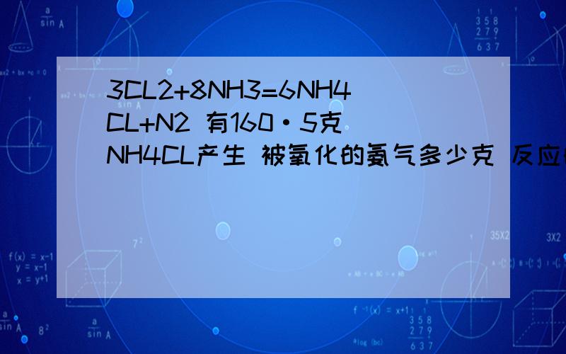 3CL2+8NH3=6NH4CL+N2 有160·5克 NH4CL产生 被氧化的氨气多少克 反应的氯气体积多少（标况）如题