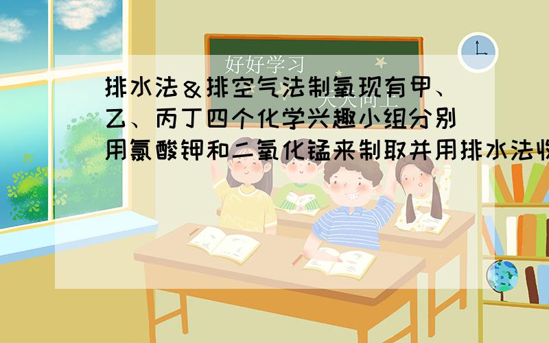 排水法＆排空气法制氧现有甲、乙、丙丁四个化学兴趣小组分别用氯酸钾和二氧化锰来制取并用排水法收集三瓶氧气进行氧气性质实验.甲组同学发现收集三瓶氧气后,试管破裂了.丙组同学发