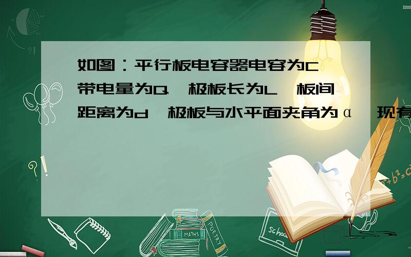 如图：平行板电容器电容为C,带电量为Q,极板长为L,板间距离为d,极板与水平面夹角为α,现有一质量为m的带点液滴沿两极板的中央P点从静止开始沿与极板平行的直线运动到达Q点,（忽略边缘效