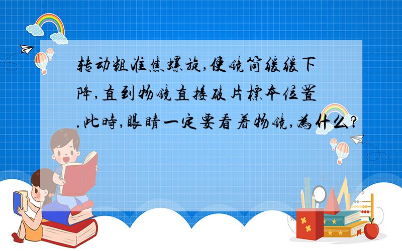 转动粗准焦螺旋,使镜筒缓缓下降,直到物镜直接破片标本位置.此时,眼睛一定要看着物镜,为什么?