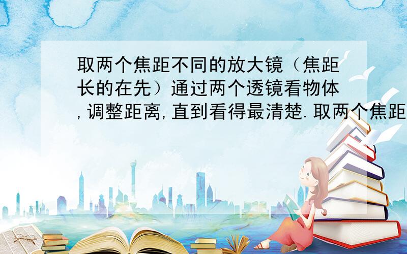 取两个焦距不同的放大镜（焦距长的在先）通过两个透镜看物体,调整距离,直到看得最清楚.取两个焦距不同的放大镜,一只手握住一个,通过两个透镜看前面的物体,调整两个放大镜间的距离,直