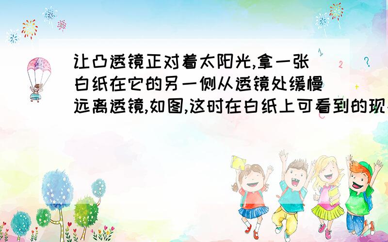 让凸透镜正对着太阳光,拿一张白纸在它的另一侧从透镜处缓慢远离透镜,如图,这时在白纸上可看到的现象是（）　　A、白纸上有缩小的光斑（小亮点）,光斑大小不变　　B、白纸上的光斑先