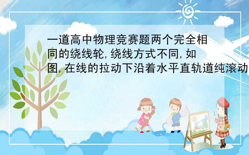 一道高中物理竞赛题两个完全相同的绕线轮,绕线方式不同,如图,在线的拉动下沿着水平直轨道纯滚动,线端的速度都是v,则a和b所示两轮滚动的方向是_____________两轮滚动快慢的比较是_____________