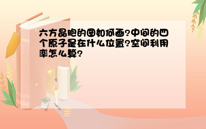 六方晶胞的图如何画?中间的四个原子是在什么位置?空间利用率怎么算?