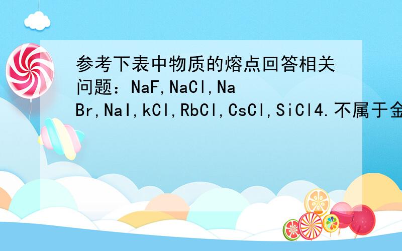 参考下表中物质的熔点回答相关问题：NaF,NaCl,NaBr,NaI,kCl,RbCl,CsCl,SiCl4.不属于金属卤化物的是____;卤素离子的半径由大到小顺序为____;上述金属卤化物随着____的增大,熔点依次降低；根据3中得出