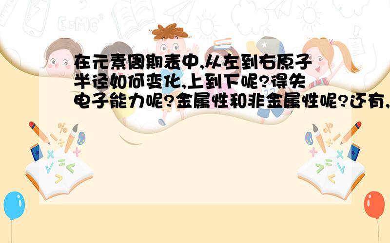 在元素周期表中,从左到右原子半径如何变化,上到下呢?得失电子能力呢?金属性和非金属性呢?还有,金属性是氧化性还是还原性