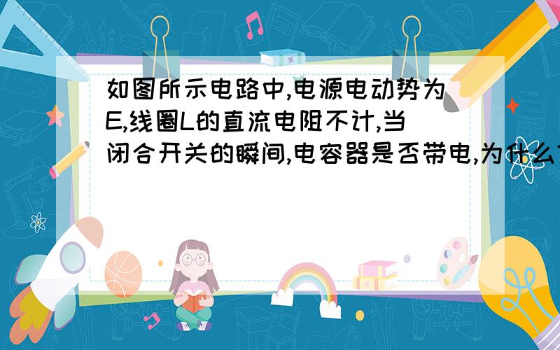 如图所示电路中,电源电动势为E,线圈L的直流电阻不计,当闭合开关的瞬间,电容器是否带电,为什么?