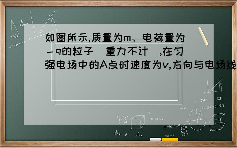 如图所示,质量为m、电荷量为－q的粒子(重力不计),在匀强电场中的A点时速度为v,方向与电场线垂直,运动到B点时速度大小为2v,方向与电场线平行..求电场强度大小