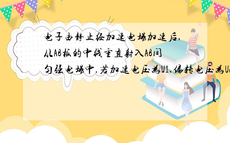 电子由静止经加速电场加速后,从AB板的中线垂直射入AB间匀强电场中.若加速电压为U1,偏转电压为U2,则（ ）A.电子最终具有的动能Ek=e(U1+U2/2)B.为使电子能飞出电场,U1必须大于U2C.电子在两电场间