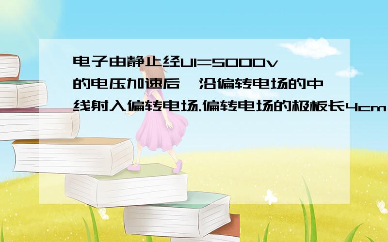 电子由静止经U1=5000v的电压加速后,沿偏转电场的中线射入偏转电场.偏转电场的极板长4cm,两极板间的距离是4mm,求1）当偏转电场两板间电压为U2=50v,电子飞出电场是的偏转距离是多少2）要使电