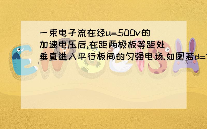 一束电子流在经u=500v的加速电压后,在距两极板等距处垂直进入平行板间的匀强电场.如图若d=1cm,l=5cm.那么要使电子能从平行板间中飞出,两个极板上最多能加多大电压