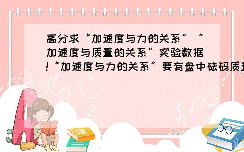 高分求“加速度与力的关系”“加速度与质量的关系”实验数据!“加速度与力的关系”要有盘中砝码质量,F大小,相邻点间位移；“加速度与质量的关系”要有车中砝码质量,m大小,相邻点间位