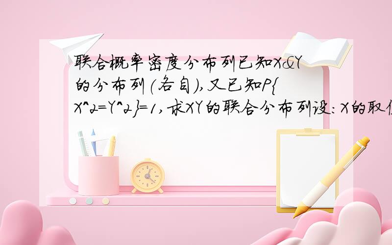 联合概率密度分布列已知X&Y的分布列(各自),又已知P{X^2=Y^2}=1,求XY的联合分布列设:X的取值范围-1 0 1,Y的取值范围0 1,那么P{X=-1,Y=0}=P{X=0,Y=1}=P{X1,=Y=0}=1/3,他们的概率为什么会相等的?错了,是P{X=-1,Y=1