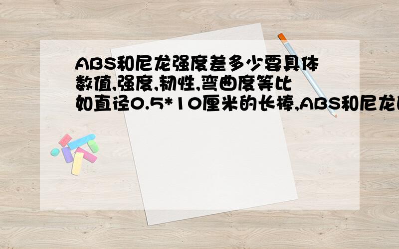 ABS和尼龙强度差多少要具体数值,强度,韧性,弯曲度等比如直径0.5*10厘米的长棒,ABS和尼龙的韧性强度弯曲度的差别,要具体数据理论,不需要网址 具体的理论和数据,不要无谓的网址和简单的回