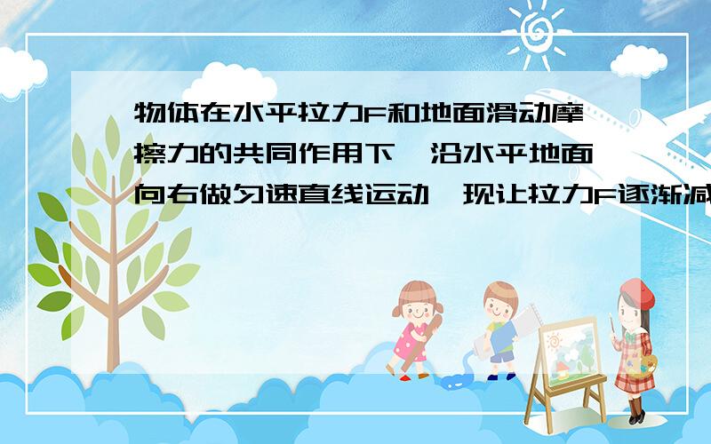 物体在水平拉力F和地面滑动摩擦力的共同作用下,沿水平地面向右做匀速直线运动,现让拉力F逐渐减小,则物的加速度和速度的变化情况应是 （ ）A、加速度逐渐变大,速度逐渐变小B、加速度和