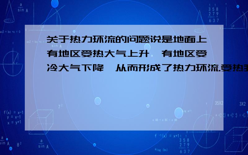 关于热力环流的问题说是地面上有地区受热大气上升,有地区受冷大气下降,从而形成了热力环流.受热我明白,但是受冷怎样理解?我觉得好像应该说相对于热地区的冷而不是用冰块降温,但是如