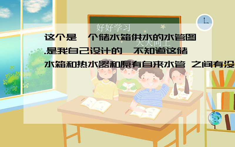 这个是一个储水箱供水的水管图.是我自己设计的,不知道这储水箱和热水器和原有自来水管 之间有没有冲突