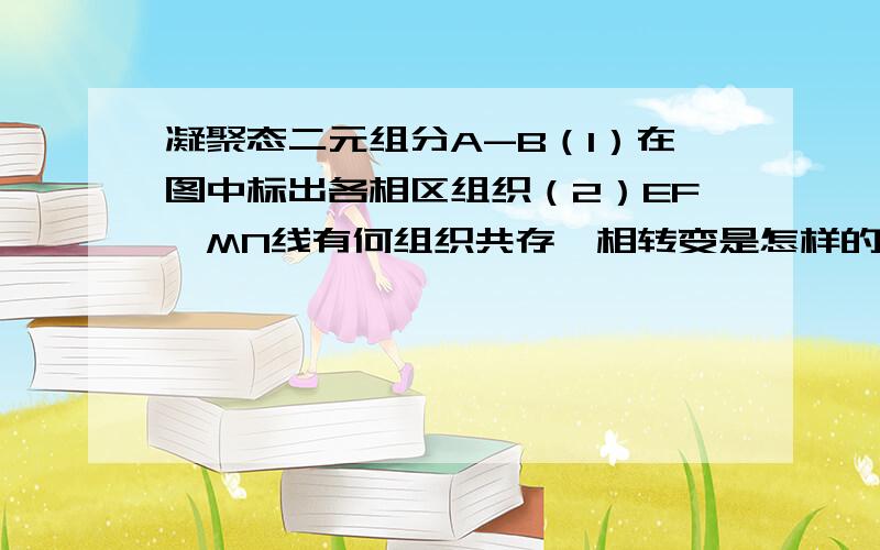 凝聚态二元组分A-B（1）在图中标出各相区组织（2）EF,MN线有何组织共存,相转变是怎样的?（3）DE,NQ线的意义是什么?（4）a处的步冷却曲线