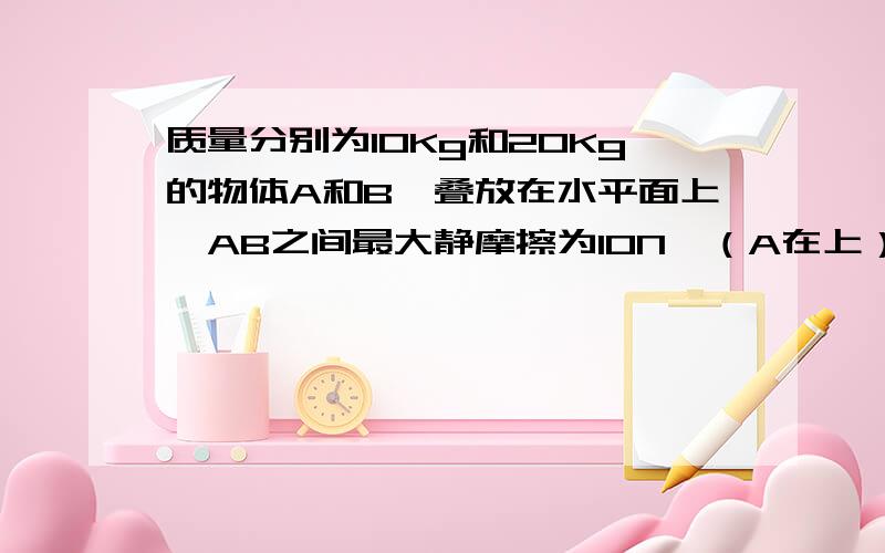 质量分别为10Kg和20Kg的物体A和B,叠放在水平面上,AB之间最大静摩擦为10N,（A在上） B与水平面之间的摩擦因数为0.5,以力F作用于B使AB一同加速运动,则F满足?（g=10）