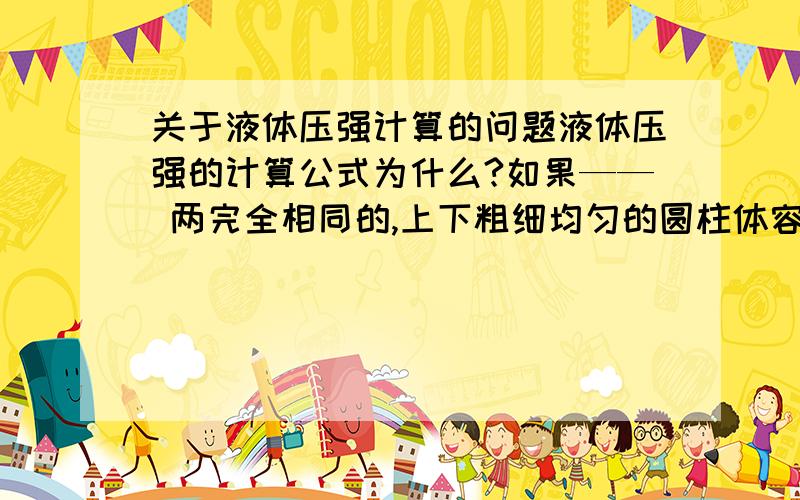 关于液体压强计算的问题液体压强的计算公式为什么?如果—— 两完全相同的,上下粗细均匀的圆柱体容器内有质量相同的不同液体,那么容器底部受到的液体的压强可以用P=F/S 计算?什么情况