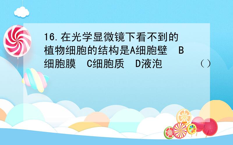 16.在光学显微镜下看不到的植物细胞的结构是A细胞壁　B细胞膜　C细胞质　D液泡　　　（）