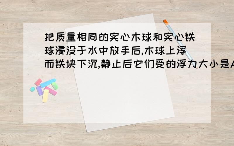 把质量相同的实心木球和实心铁球浸没于水中放手后,木球上浮而铁块下沉,静止后它们受的浮力大小是A F木＞F铁 B F木＜F铁 C F木=F铁 D无法判断