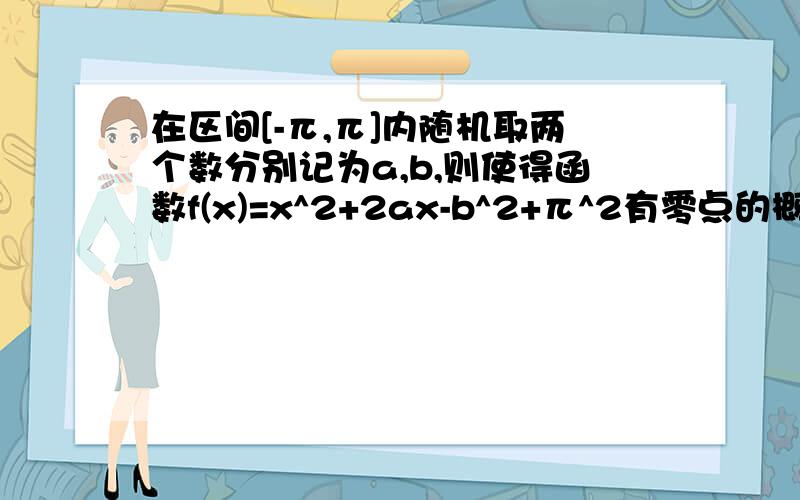 在区间[-π,π]内随机取两个数分别记为a,b,则使得函数f(x)=x^2+2ax-b^2+π^2有零点的概率为,求详细过程我已经算到a^2+b^2≥π^2后面的就不会了,理解不了