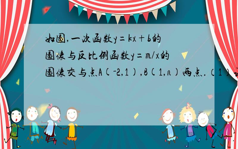 如图,一次函数y=kx+b的图像与反比例函数y=m/x的图像交与点A(-2,1),B(1,n)两点.（1）试确定上述反比例函数和一次函数的表达式：（2）求三角形AOB的面积