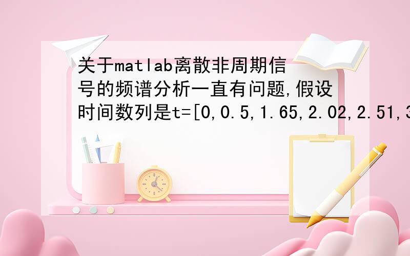 关于matlab离散非周期信号的频谱分析一直有问题,假设时间数列是t=[0,0.5,1.65,2.02,2.51,3.01,3.49,4.11,4.53],然后对应的流强值为I=[15,14.998,14.978,15.012,15.023,14.896,15.022,14.987,15.243].即对应的信号为横轴是