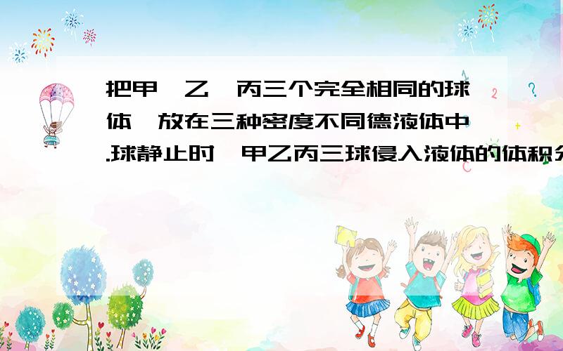 把甲,乙,丙三个完全相同的球体,放在三种密度不同德液体中.球静止时,甲乙丙三球侵入液体的体积分别是总体积3/4,1/2和3/8,若将它们露出液面部分切去,三球剩余部分又露出液面体积分别为V甲,