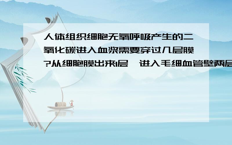 人体组织细胞无氧呼吸产生的二氧化碳进入血浆需要穿过几层膜?从细胞膜出来1层,进入毛细血管壁两层,按道理说应该是至少3层,但答案说3层是错的