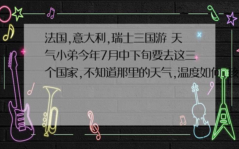 法国,意大利,瑞士三国游 天气小弟今年7月中下旬要去这三个国家,不知道那里的天气,温度如何,该穿何种服装出游,听说欧洲旅馆居然为了环保没有空调,会不会太热,所以想问问温度.PS:瑞士只