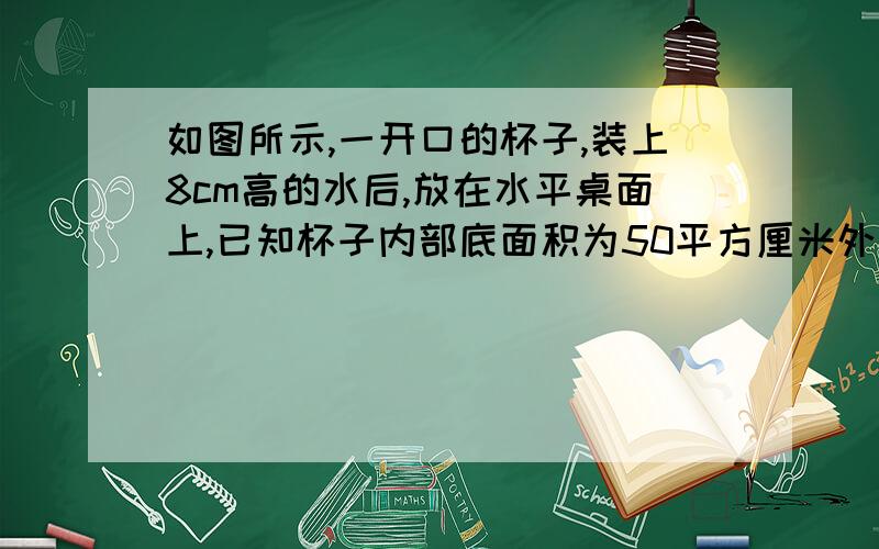 如图所示,一开口的杯子,装上8cm高的水后,放在水平桌面上,已知杯子内部底面积为50平方厘米外部底面积为60平方厘米,杯子装上水后的总质量为0.6kg,则水对杯底的压力为   N,杯子对桌面的压强,