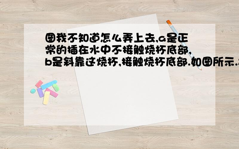 图我不知道怎么弄上去,a是正常的插在水中不接触烧杯底部,b是斜靠这烧杯,接触烧杯底部.如图所示.放置在盛有水的烧杯中的两支温度计a、b,加热时b温度计的示数始终比a温度计的示数高,其原