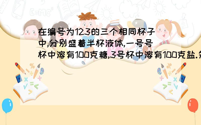 在编号为123的三个相同杯子中,分别盛着半杯液体,一号号杯中溶有100克糖,3号杯中溶有100克盐.先将1号杯中液体的一半和3号杯中液体的四分之一倒入2号杯中,然后搅匀.再从2号杯中到入所盛液