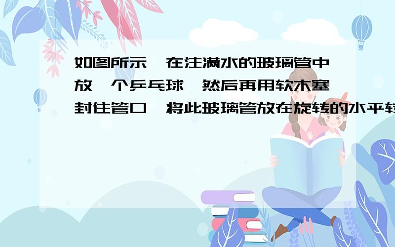 如图所示,在注满水的玻璃管中放一个乒乓球,然后再用软木塞封住管口,将此玻璃管放在旋转的水平转盘上,且保持与盘相对静止,则乒乓球会?A 做离心运动 B做向心运动 C保持不动 D条件不足,无