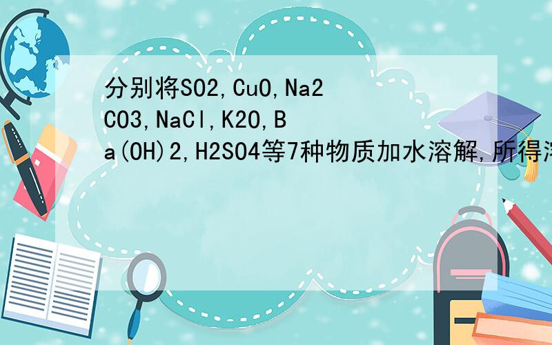 分别将SO2,CuO,Na2CO3,NaCl,K2O,Ba(OH)2,H2SO4等7种物质加水溶解,所得溶液PH大于7的有哪个?