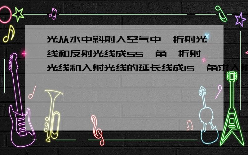 光从水中斜射入空气中,折射光线和反射光线成55°角,折射光线和入射光线的延长线成15°角求入射角和折射角的度数.在此次折射中,入射光线的方向改变了