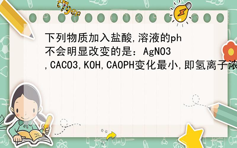 下列物质加入盐酸,溶液的ph不会明显改变的是：AgNO3,CACO3,KOH,CAOPH变化最小,即氢离子浓度变化最小的,即氢离子不参与反应的,A:AgNO3+HCl===AgCl+HNO3（H+不参与反应）B,CaCO3+2HCl===CaCl2+CO2+H2O（H+参与反