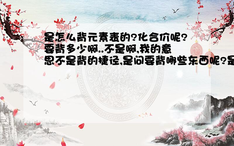 是怎么背元素表的?化合价呢?要背多少啊..不是啊,我的意思不是背的捷径,是问要背哪些东西呢?是全都要背啊、有八个族 那是第一族就是1第二就是2第三就是3以此类推?如果这样的话怎么分正