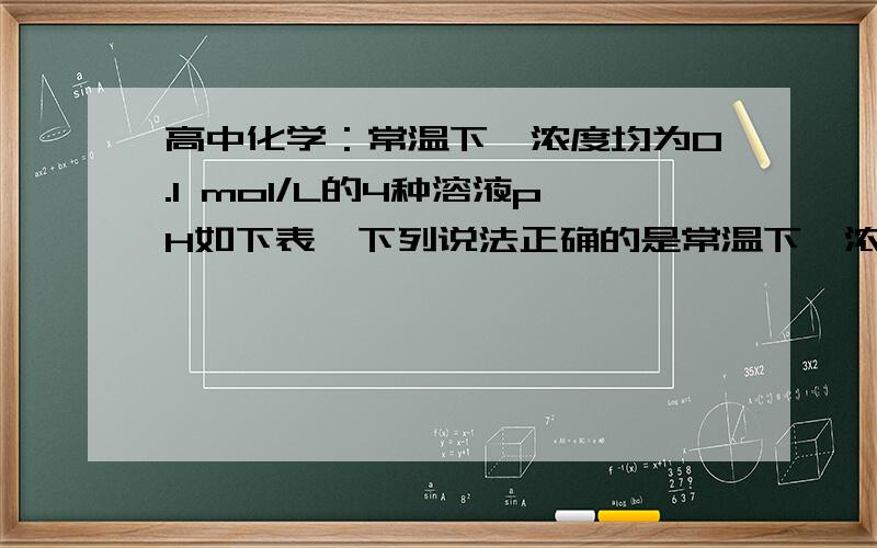 高中化学：常温下,浓度均为0.1 mol/L的4种溶液pH如下表,下列说法正确的是常温下,浓度均为0．1 mol/L的4种溶液pH如下表,下列说法正确的是（A ）  A．向氯水中加入NaHCO3,可以增大氯水中次氯酸的