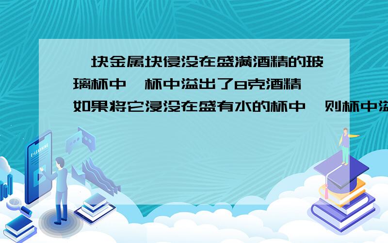 一块金属块侵没在盛满酒精的玻璃杯中,杯中溢出了8克酒精,如果将它浸没在盛有水的杯中,则杯中溢出水的质量A:等于8克B：大于8克C：小于8克D：以上都有可能写出原因