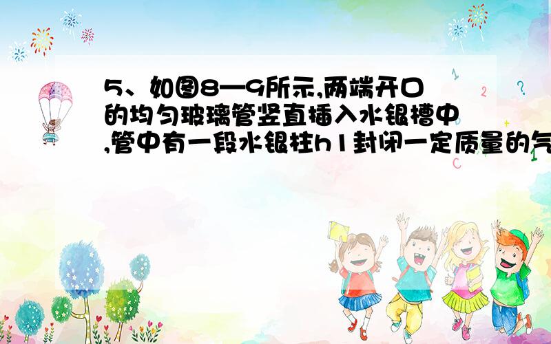 5、如图8—9所示,两端开口的均匀玻璃管竖直插入水银槽中,管中有一段水银柱h1封闭一定质量的气体,这时管下端开口处内外水银面高度差为h2,若保持环境温度不变,当外界压强增大时,下列分析