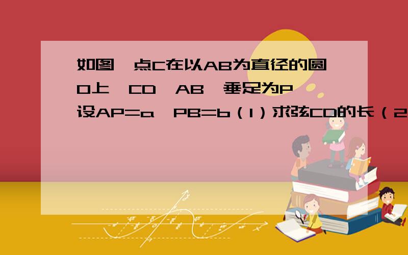 如图,点C在以AB为直径的圆O上,CD⊥AB,垂足为P,设AP=a,PB=b（1）求弦CD的长（2）若a+b=10,求ab的最大值,并求出此时a,b的值