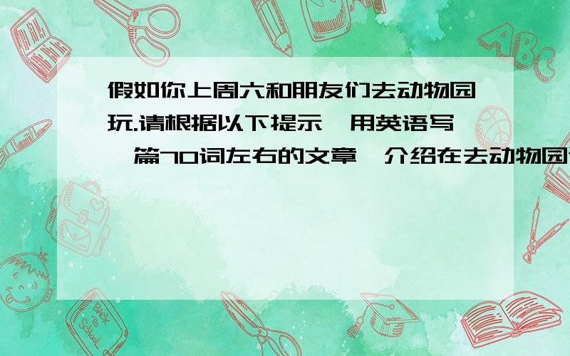 假如你上周六和朋友们去动物园玩.请根据以下提示,用英语写一篇70词左右的文章,介绍在去动物园途中发生的事情.提示：1.途中有个盲人爷爷问你们去医院的路；      2.由于医院比较远,你们