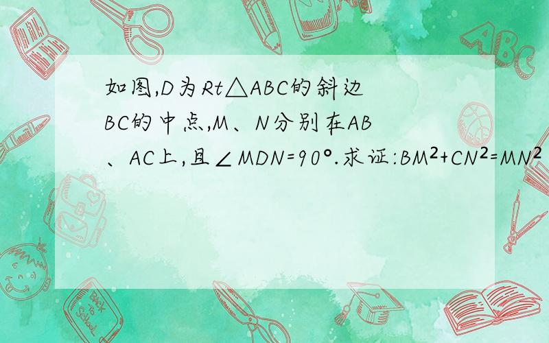 如图,D为Rt△ABC的斜边BC的中点,M、N分别在AB、AC上,且∠MDN=90°.求证:BM²+CN²=MN²