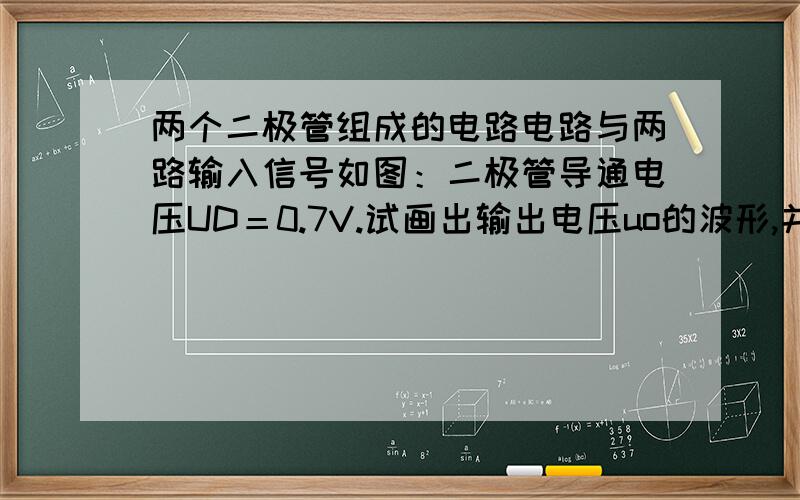 两个二极管组成的电路电路与两路输入信号如图：二极管导通电压UD＝0.7V.试画出输出电压uo的波形,并标出幅值.