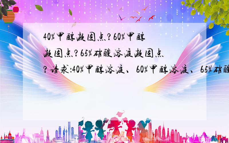 40%甲醇凝固点?60%甲醇凝固点?65%硝酸溶液凝固点?请求：40%甲醇溶液、60%甲醇溶液、65%硝酸溶液,的凝固点!跪地谢拜!溶剂为水.