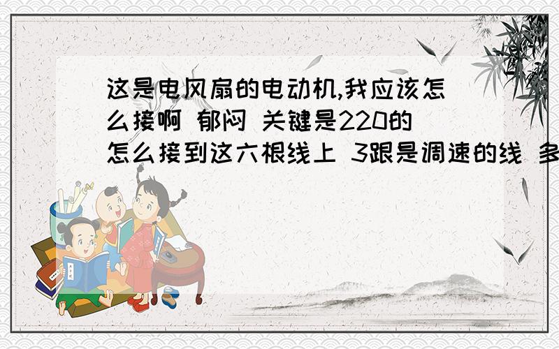 这是电风扇的电动机,我应该怎么接啊 郁闷 关键是220的怎么接到这六根线上 3跟是调速的线 多3跟怎么接?就是3档调速的接到调速开关以后,多处的3跟怎么接电容怎么接在220的两根线上谢谢