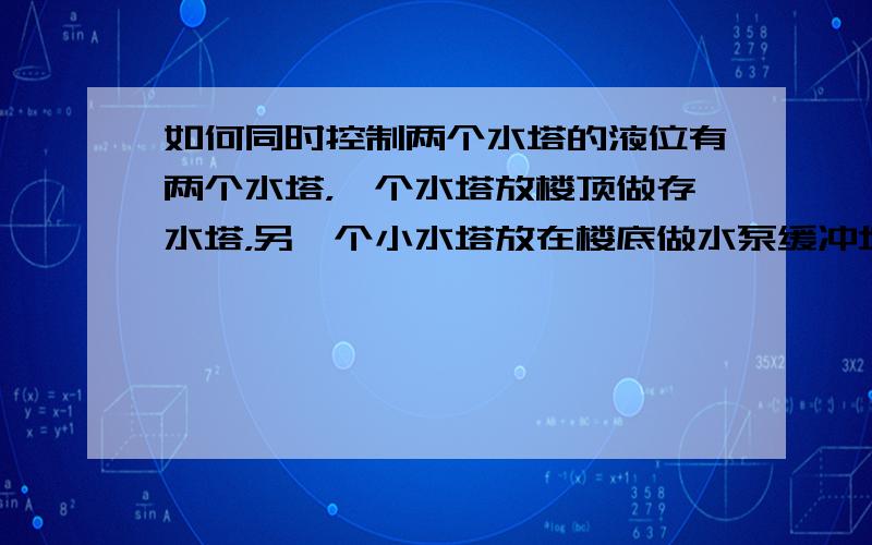 如何同时控制两个水塔的液位有两个水塔，一个水塔放楼顶做存水塔，另一个小水塔放在楼底做水泵缓冲塔，因为自来水经常停，现求一液位控制系统，如何同时满足以下两点要求：楼底自